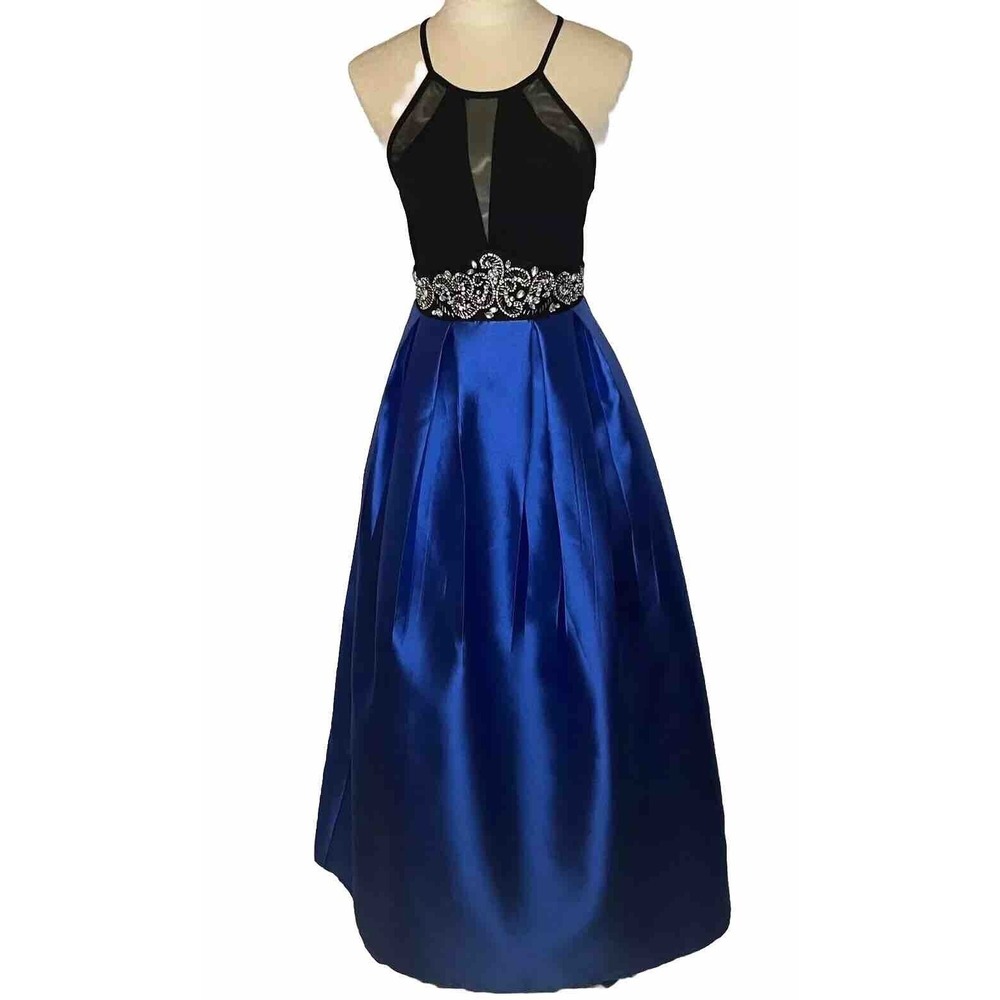 NWOT Nights by TeezeMe Sleeveless Beaded Dress Royal Blue Black Pockets Prom 3/4